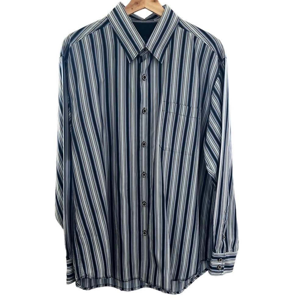 Tommy Bahama 100% Silk Men’s Striped Dress Shirt. Blue Black Large